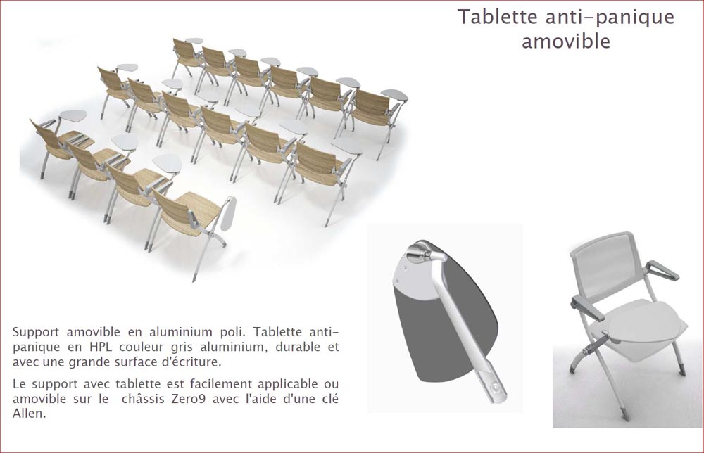 détail du système d'accrochage avec tablette : chaise et  table pliants ZERO ARES